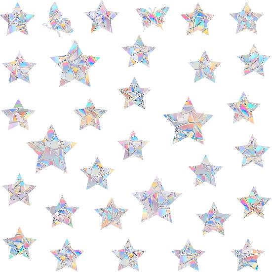 36 Pieces Star Window Decals for Bird Strike Prevention - Reble Rainbow Suncatcher Clings to Save Birds, Non-Adhesive Anti-Collision Stickers, Easy