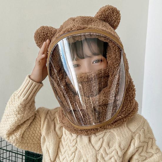 Children Hat with Soft Bear Ears Anti-Fog Lenses Fluffy Plush Windproof Detachable Lenses Cold-resistant Winter Hat