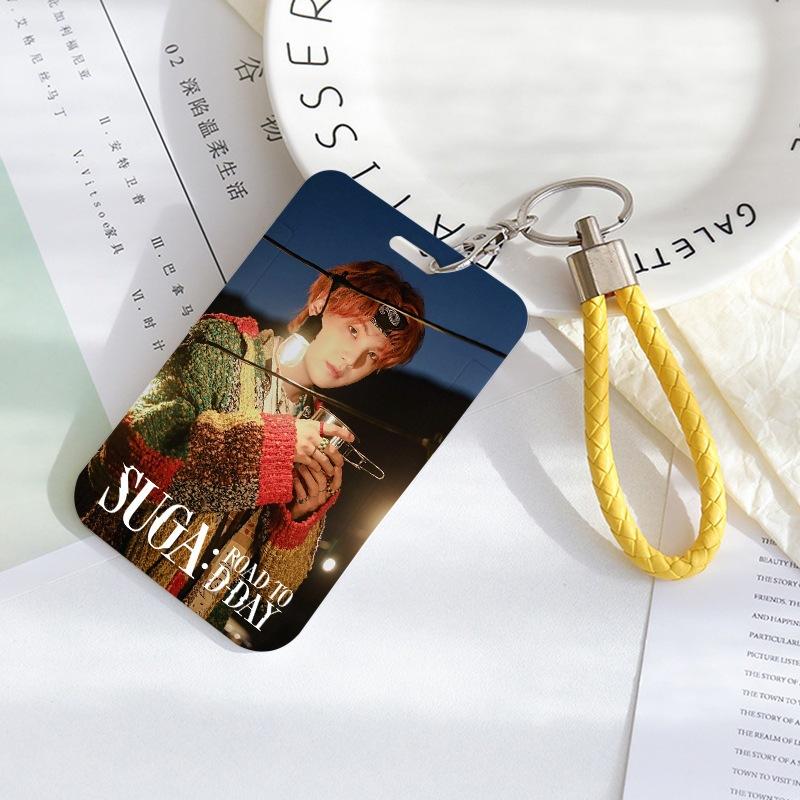 BTS Sliding Photocard Holder, Protective ID Badge Card Case with Braided Keychain Strap, Student Campus Bus Meal Card Protector Merch for ARMY