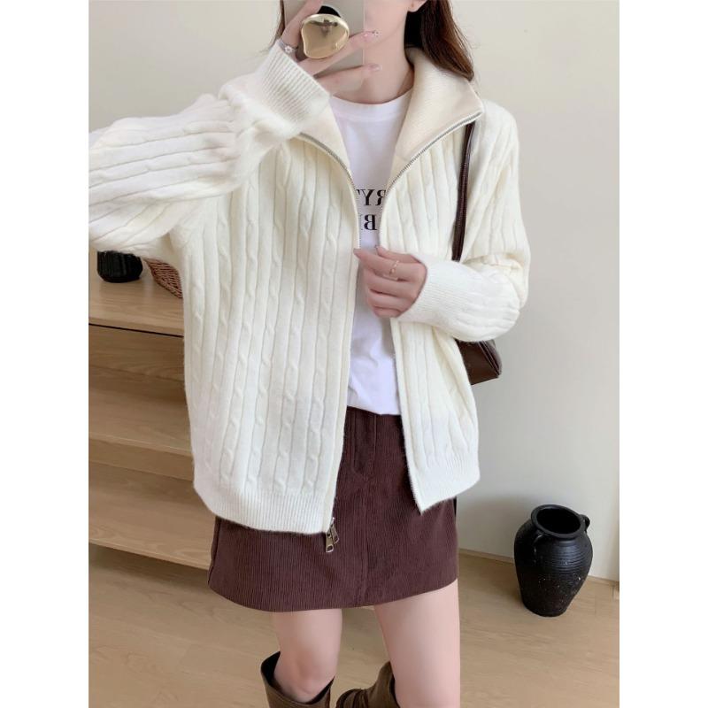 Вязаный кардиган женский в стиле ретро с косами, осенне-зимний, на молнии, со стойкой, высококачественный, мягкий, восковой, свободный, универсальный