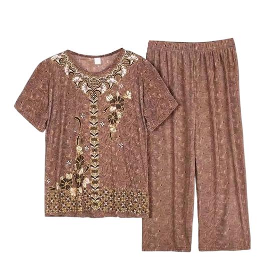 2 шт./компл. женский пижамный комплект среднего возраста с круглым вырезом и вышивкой, с коротким рукавом, большие размеры, эластичная талия, плиссированные