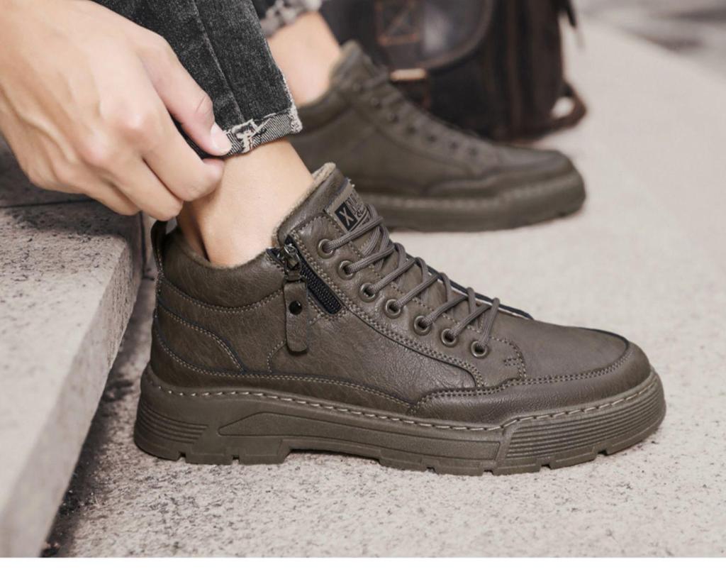 Мужские зимние рабочие ботинки из кожи с бархатной подкладкой - повседневные туфли в стиле ретро с мягкой подошвой и низким верхом в стиле Мартина