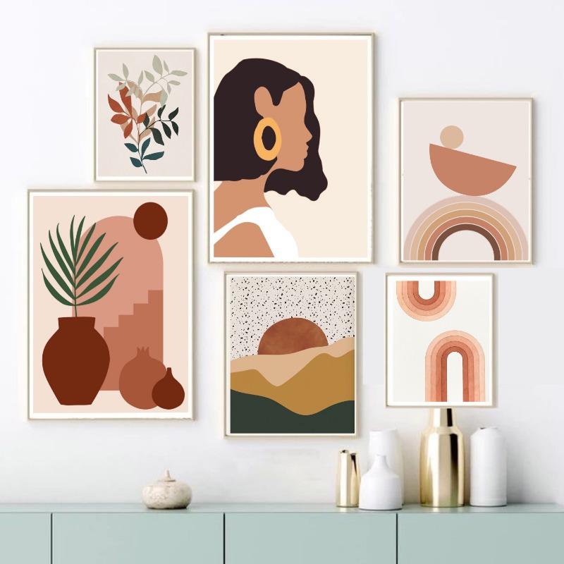 Mid Century Modern Boho Chic Poster Vintage Abstract Beige Line Art Print Canvas Painting Wall Art Trendy Living Room Home De