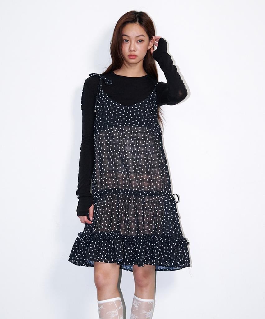 Opening Sunshine Frill Shirred Dot Mini Dress Black
