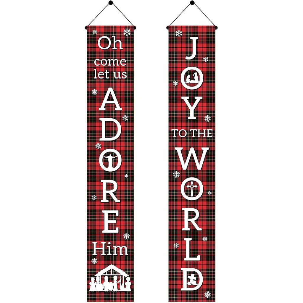 Joy To The World Door Banner 71 X 12 Inch Red Black Plaid Vertical Hanging Porch Decoration Front Door Hanging Sign Holiday Party Entryway Fireplace