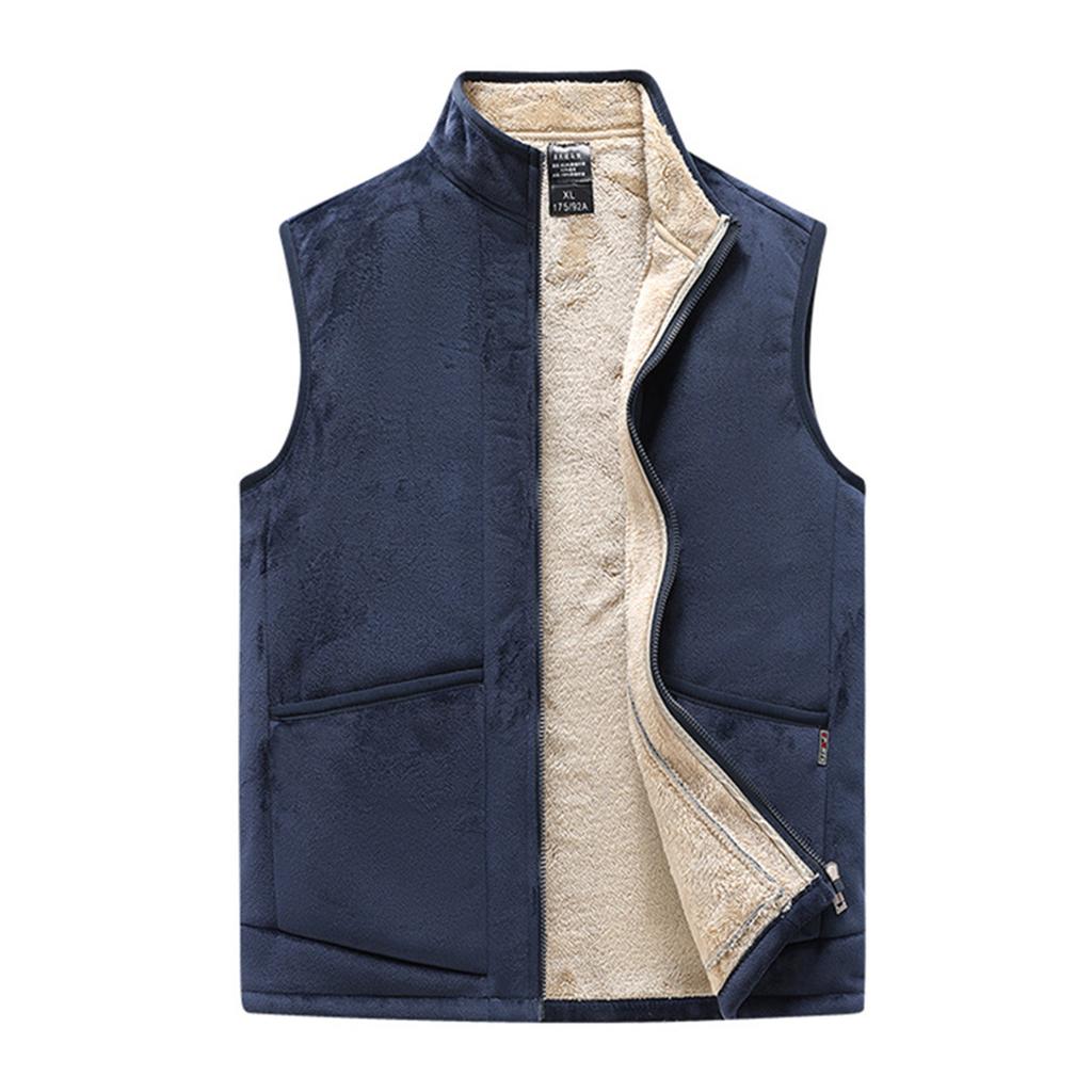 Мужской повседневный флисовый однотонный жилет на молнии, мужской жилет из искусственной овчины со стойкой воротником