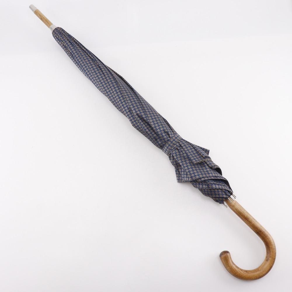 HERMES Long umbrella Wood handle Blue polyester unisex Used
