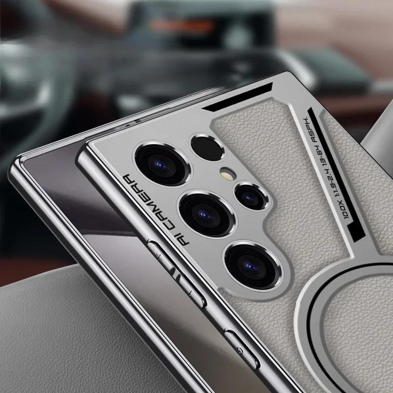 Роскошный чехол для Samsung Galaxy S25 S24 S23 Ultra из гальванизированной искусственной кожи для беспроводной магнитной зарядки Magsafe, задняя крышка для телефона