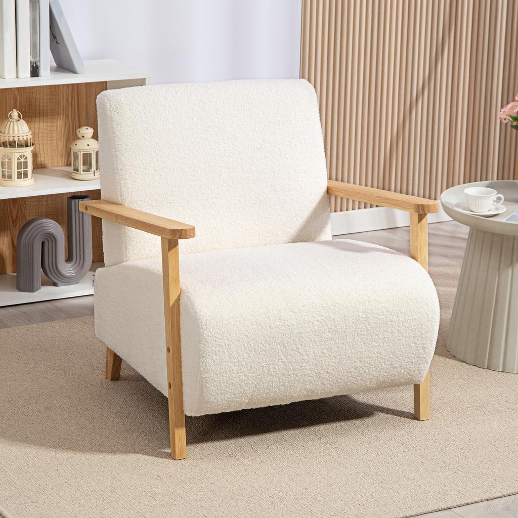 Armchair With Backrest Armrests Padded Lounge Chair With Sherpa Look Wooden Legs For Bedroom Living Room Up To 120 Kg