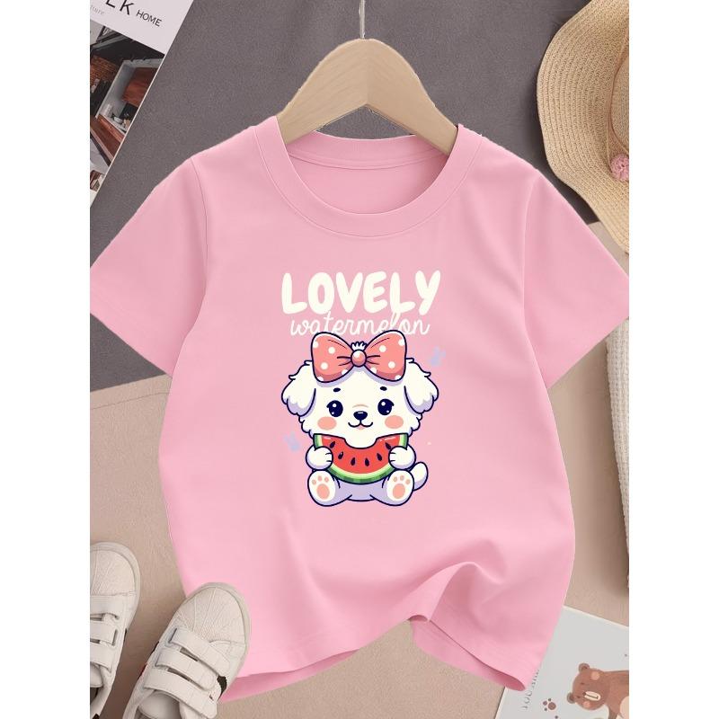 European sizes Girls' Round Neck Short Sleeve T-Shirt with Cute Puppy and Watermelon Print, Trendy Regular Fit T-Shirt, Stretchy and Breathable