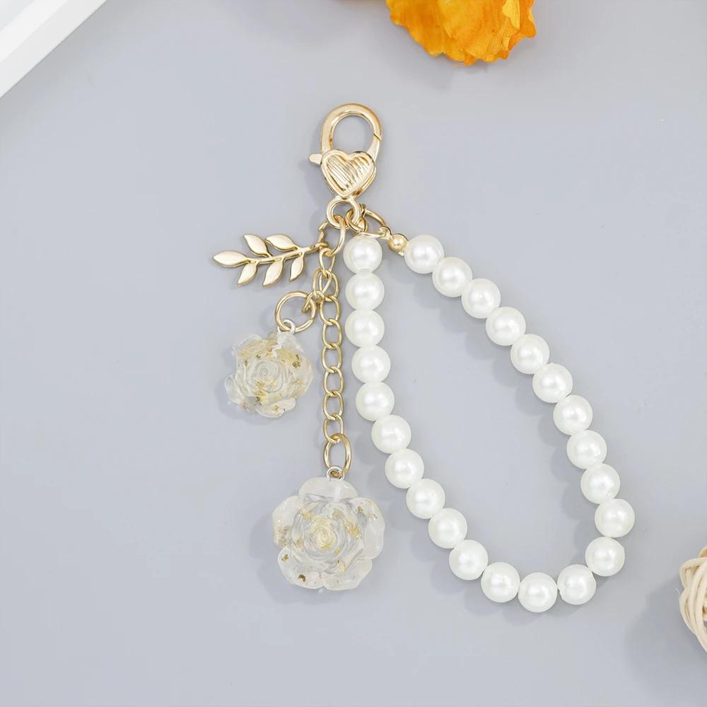 Retro Pearl Keychains for Women Bag Backpack Decor Keyring Metal Round Tag Pendant Mobile Phone Beaded Key Chain DIY Jewelry