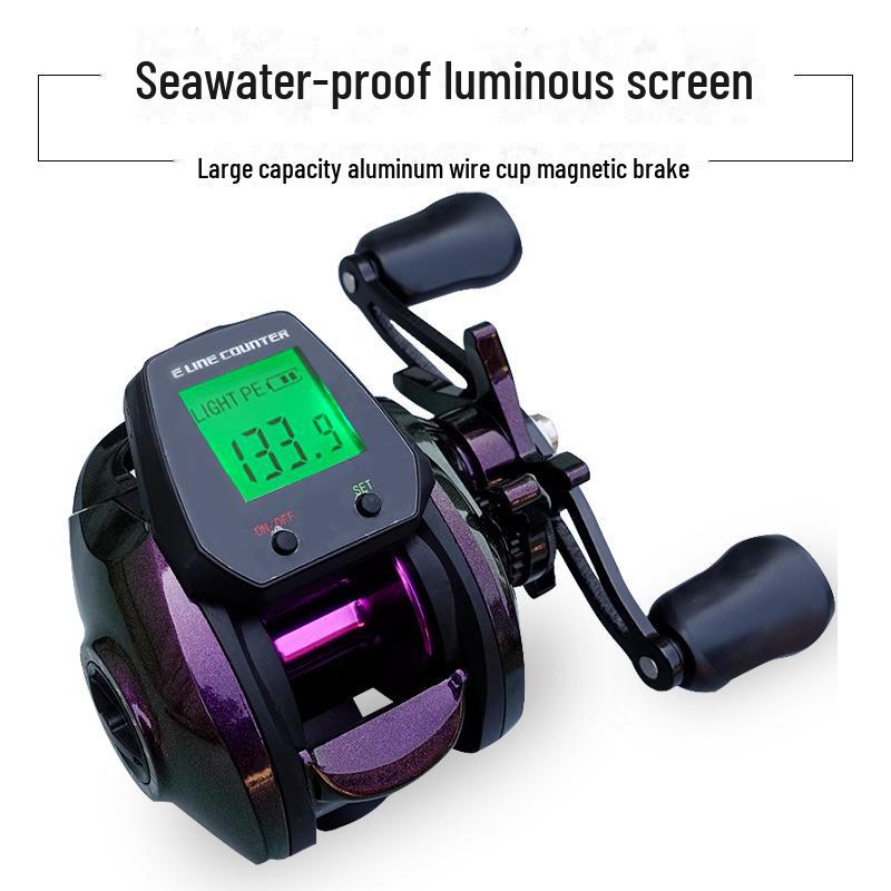 Катушка с каплями воды: Большой цифровой дисплей, водонепроницаемый, сигнализация, правосторонний, глубоководный стакан для ловли с плота.