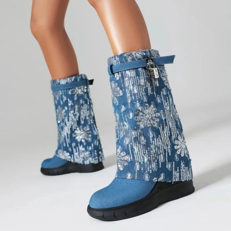 Женские брендовые дизайнерские туфли на высоком каблуке 2024 года, новые женские сапоги до середины голени с круглым носком, сексуальные женские сапоги до колена Pogen Botas De Mujer