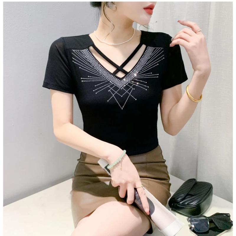 New Summer Short Sleeved V-Neck Women's T-Shirt Fashion Sexy Hollow Out Hot Diamonds Tops High Strecth Mesh Slim Tees