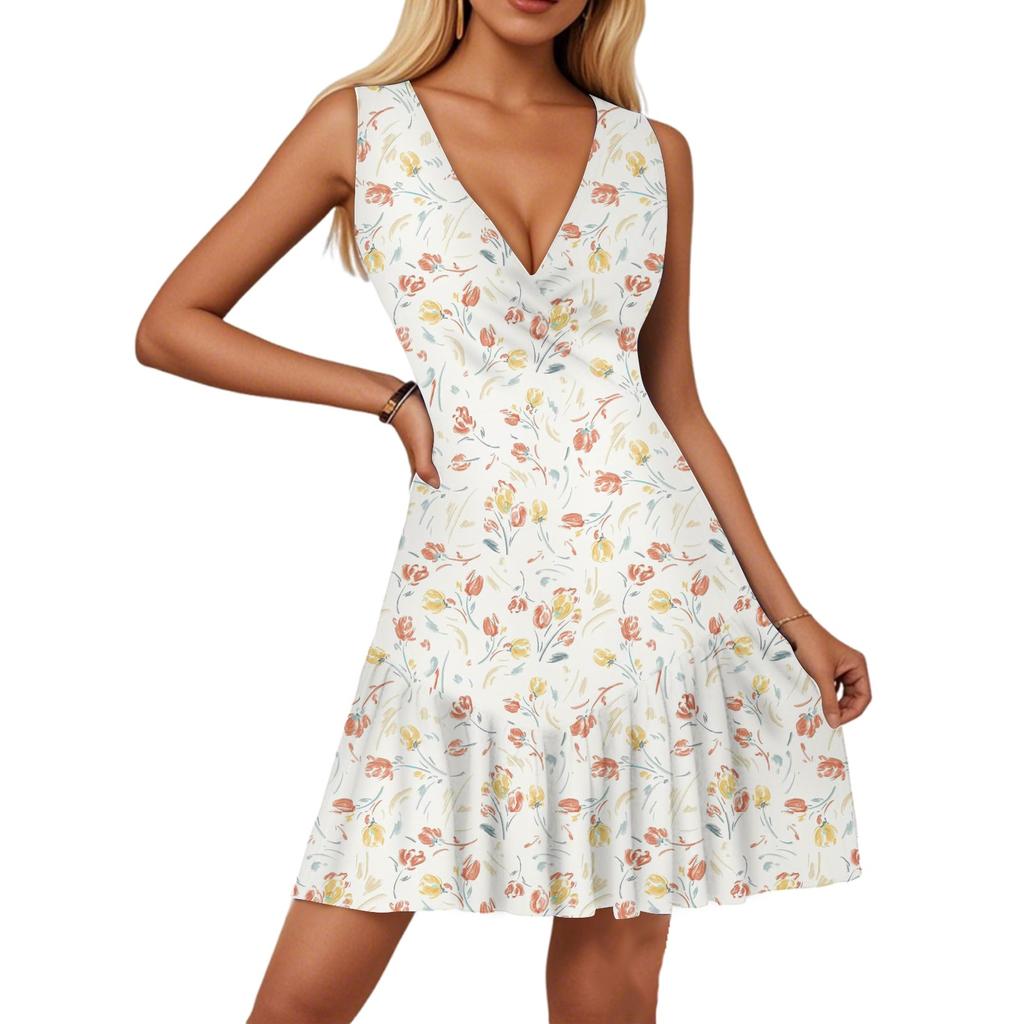 Women's Dress V-neck Sleeveless Casual Floral Print Hem Pleated Dress