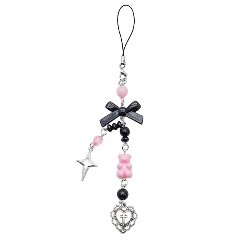 Bow-Love Keychain Crystal Y2k Beaded Phone Lanyard Strap Guitar Charm Cross-Pendant Phone Chain Anti-Lost for Women Girl
