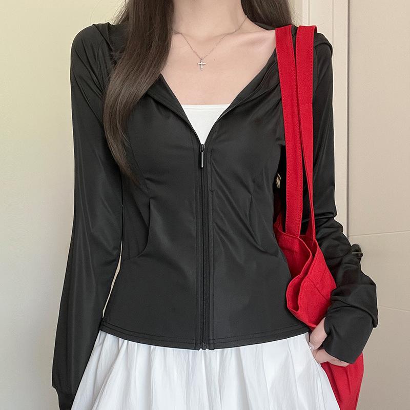 Женская летняя тонкая солнцезащитная одежда из черного ледяного шелка, новая облегающая кофта с капюшоном и защитой от УФ-лучей, куртка с длинными рукавами