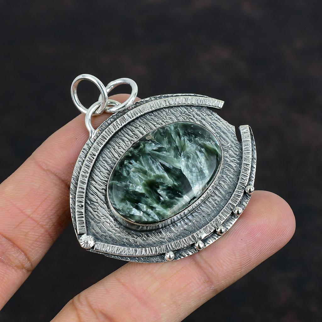 Подвеска серафинит, оригинальный драгоценный камень, кулон из стерлингового серебра 925 пробы, подвеска ручной работы, потрясающий кулон, подарки для жены, ювелирные изделия