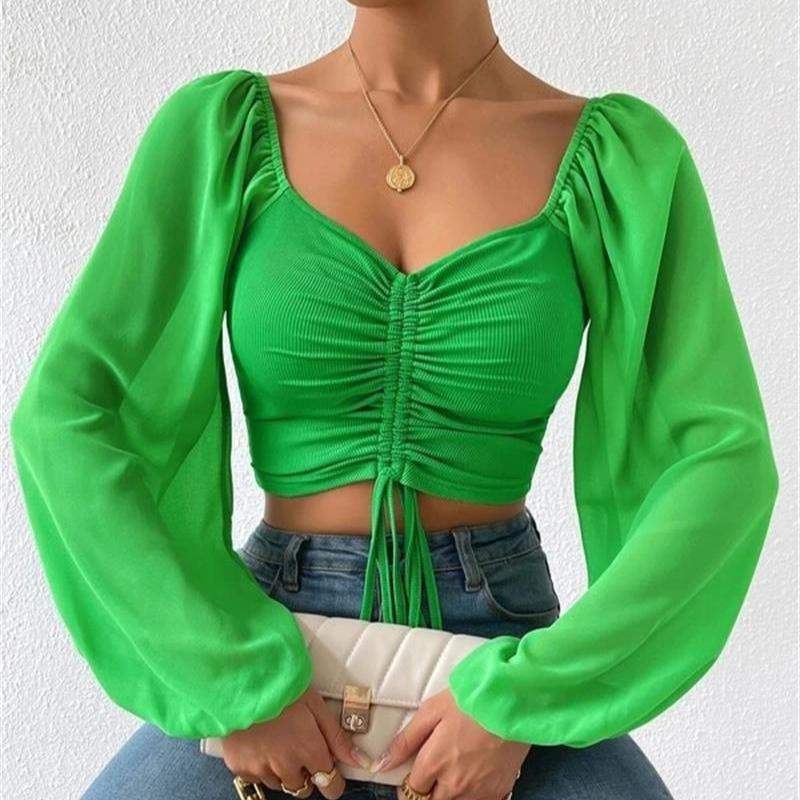 Летняя новая шифоновая блузка с V-образным вырезом и завязками, женская винтажная узкая модная сексуальная женская рубашка, топы, элегантная однотонная женская укороченная блузка 25156