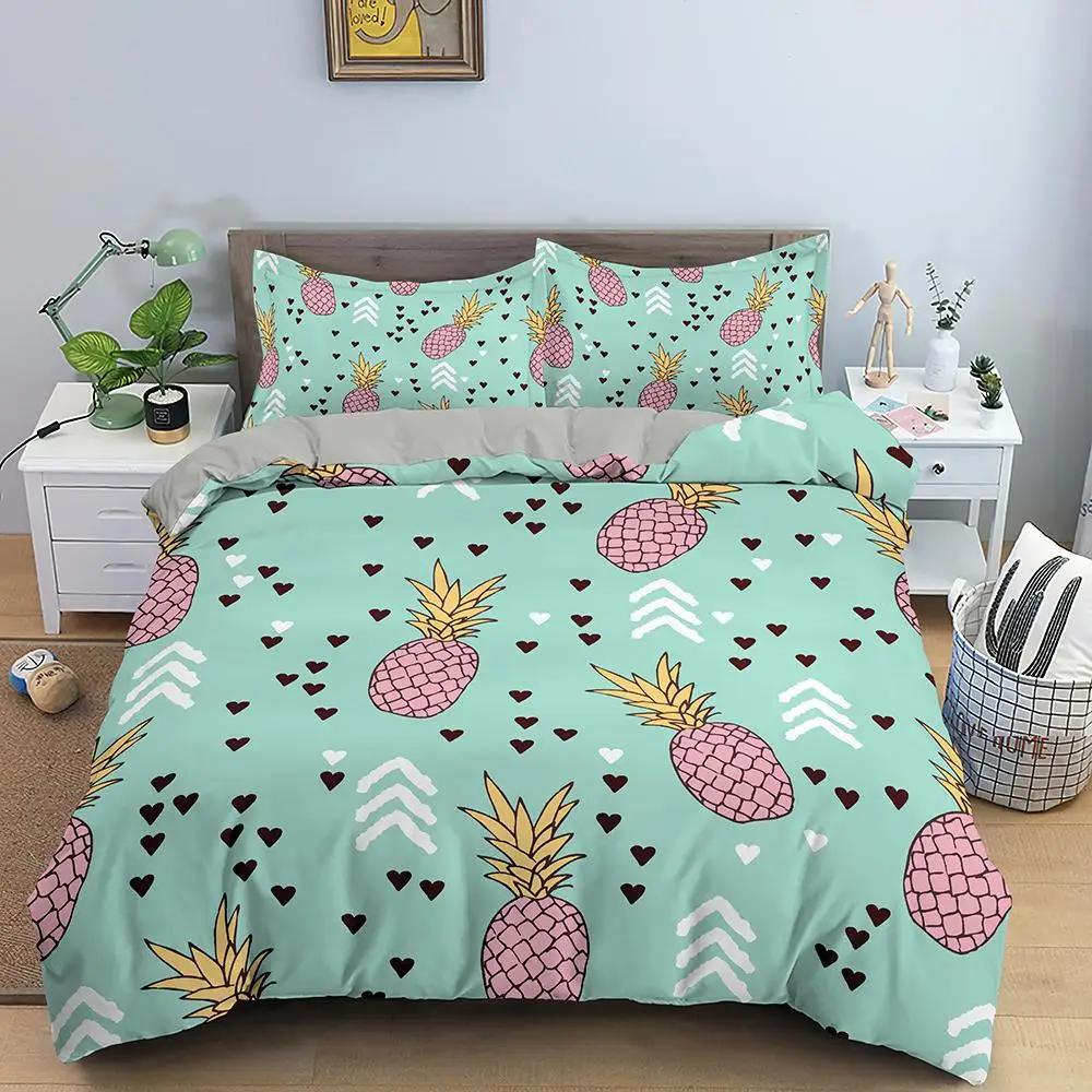 Pineapple Duvet Cover Set Queen Size Kids Colorful Pineapple Bedding Set Girls Teens Bedding Set Fruit Polyester Comforter Cover
