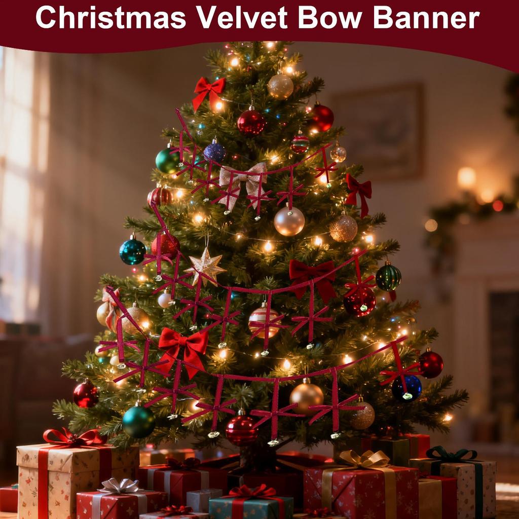 Christmas Velvet Bow Banner Christmas Tree Bells Red Pre-Strung Ornaments Christmas Vintage Velvet Bow Decoration