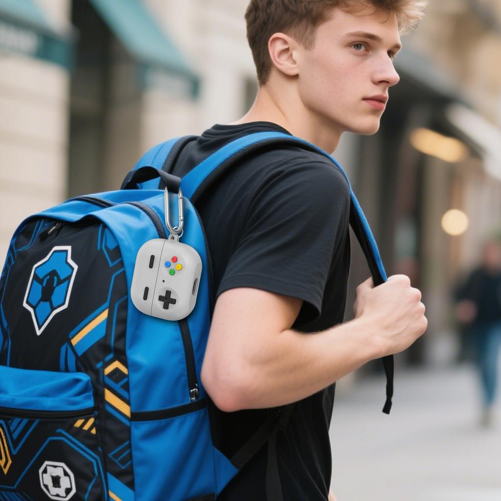 AHASTYLE PT-DD11 For Samsung Galaxy Buds3 Pro Silicone Case Game Console Design Split Protective Cover with Carabiner/Strap