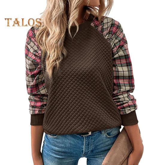 Женская толстовка осень-весна с принтом в клетку, с круглым вырезом, свободная, с длинными рукавами, с ромбовидной текстурой, повседневная одежда, спортивный топ