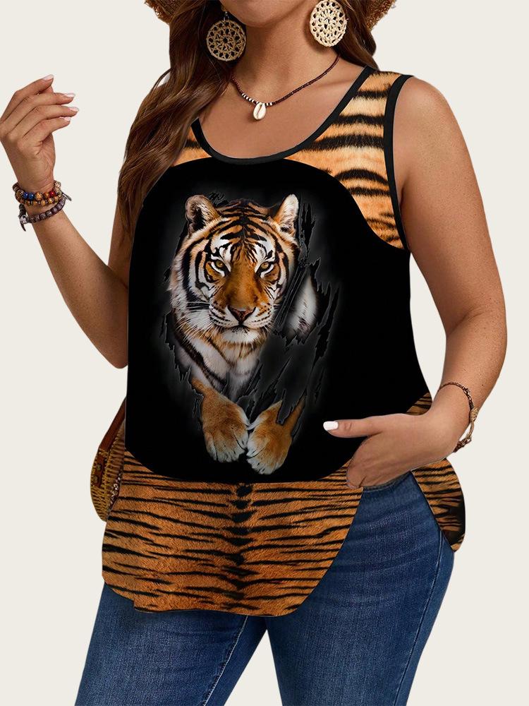 Трендовый женский топ без рукавов большого размера с джинсовым принтом - Европейская и американская летняя мода 2025