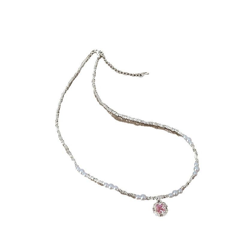 Подвеска из розового циркония, сломанное серебро, жемчужное ожерелье, изысканная женская индивидуальность, модный темперамент, универсальная цепочка на шею, цепочка на ключицу.
