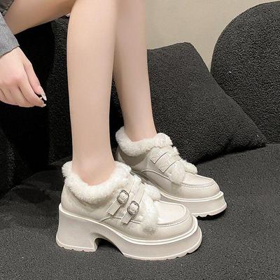 Женские туфли Мэри Джейн из теплой пушистой кожи на толстой подошве - Нескользящий высокий каблук для осени/зимы