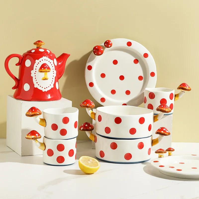 Милая керамическая чашка-грибок, кружка, керамическая кружка для кофе и молока, чашка, милый чайник, миска, тарелка, посуда ручной работы, декор для вечеринки, подарки