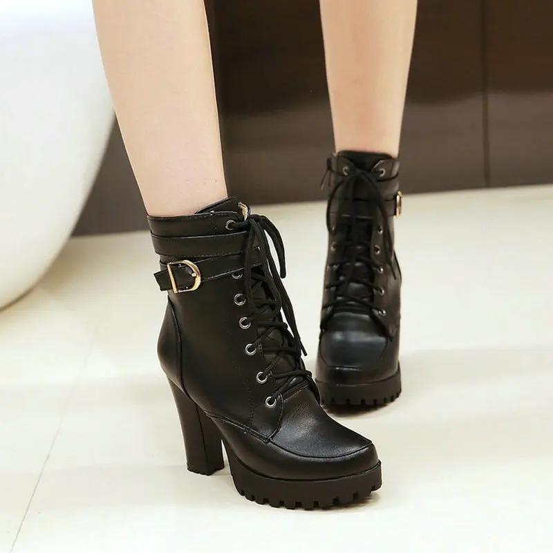 Shoes Women Motorcycle Boots Autumn Winter Ladies Boot  Stylish Lady Ankle Boots High Heel Platforms Sexy Botas Buckle White