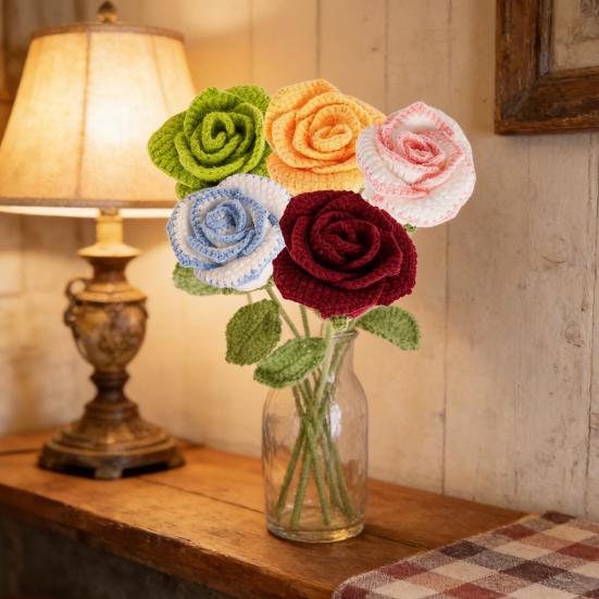 Вязаный крючком цветок розы ручной работы, вязаный букет роз с листьями, День святого Валентина, годовщина, день рождения, искусственная роза, подарок для женщины, учителя, мамы, подруги