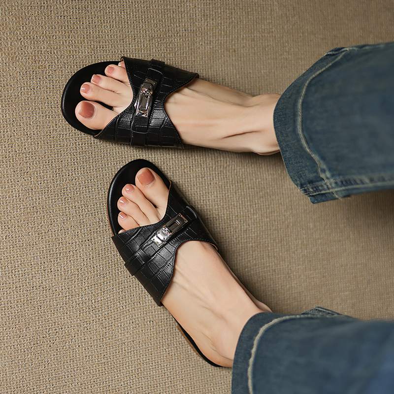 Krazing Pot Мюли из коровьей кожи, летние, размер 42, на низком каблуке, роскошные туфли с металлическими украшениями, женские, суперзвездные, женские, с открытым носком, сандалии без застежек