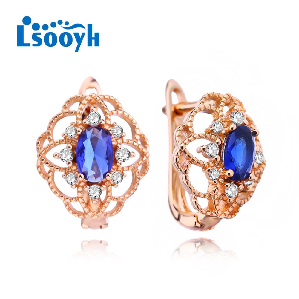 LSOOYH Clip Earrings Rose Gold Color Fashion Earring For Women Geometry Flower Blue Cubic Zirconia Stud Earrings Jewelry