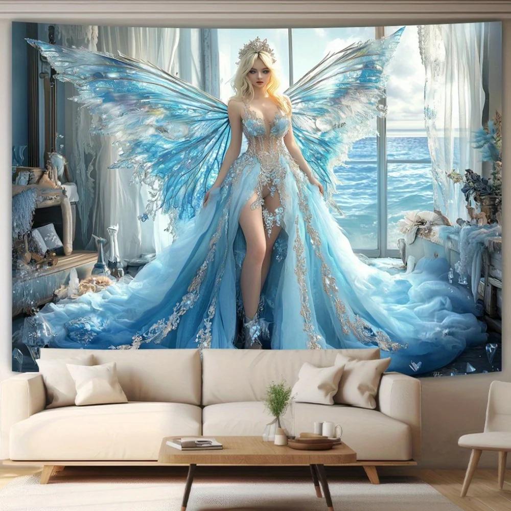 1pc Blue Ocean Fairy Wall Tapestries Polyester Fantasy Themed Hanging Decor for Living Room Bedroom Office Party Elegant