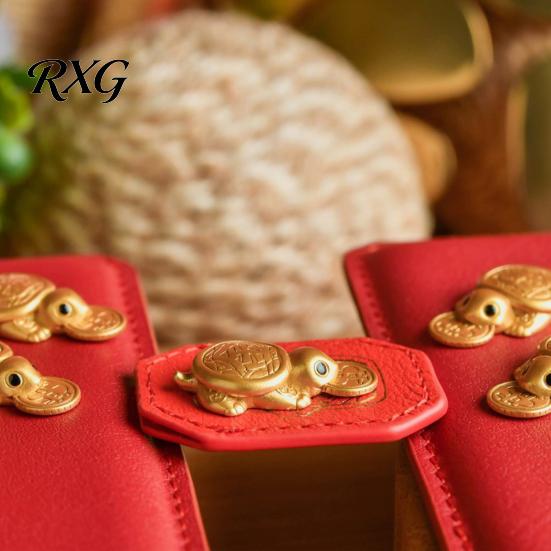 Feng Shui Golden Turtle Ornament for Wealth And Prosperity, Metal Chinese Luck Handcrafted Brass Charm with Faux Leather Sleeve, Portable Mascot Home