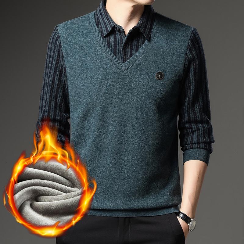 Мужской зимний свитер с шерстяным ощущением: Подходит для чувствительной кожи, С флисовой подкладкой, Искусственно утолщенный, Воротник-рубашка, Вязаная базовая термофутболка