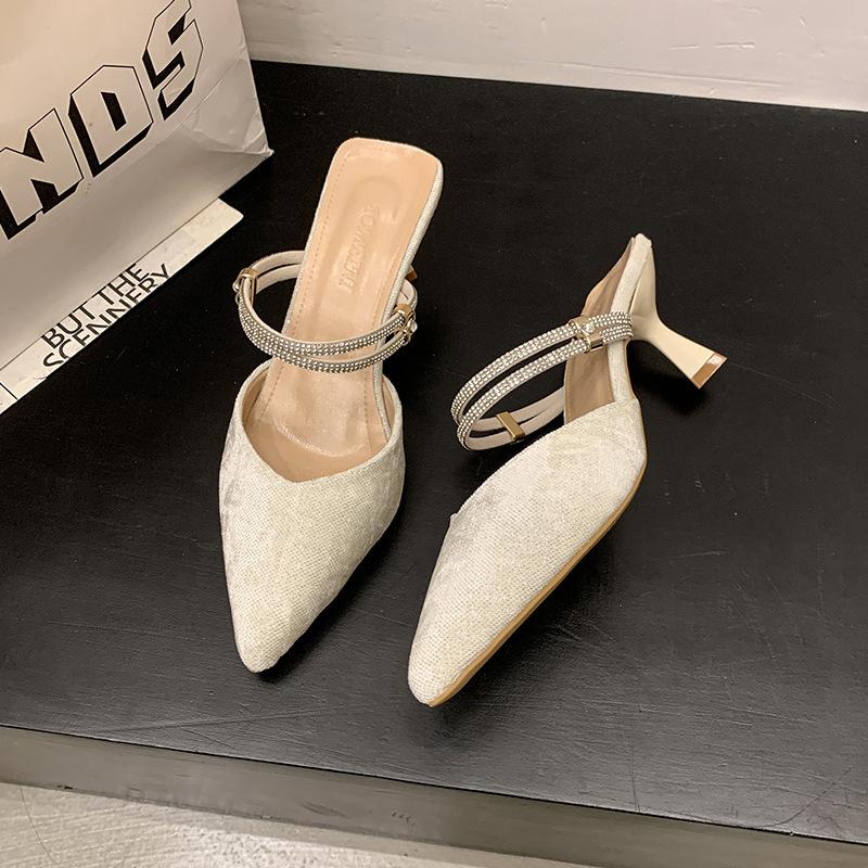 Босоножки Baotou женские на среднем каблуке, тапочки для двух способов ношения, летняя обувь, остроносые, на тонком каблуке, со стразами, с открытой пяткой, одинарные туфли, женские новые модели