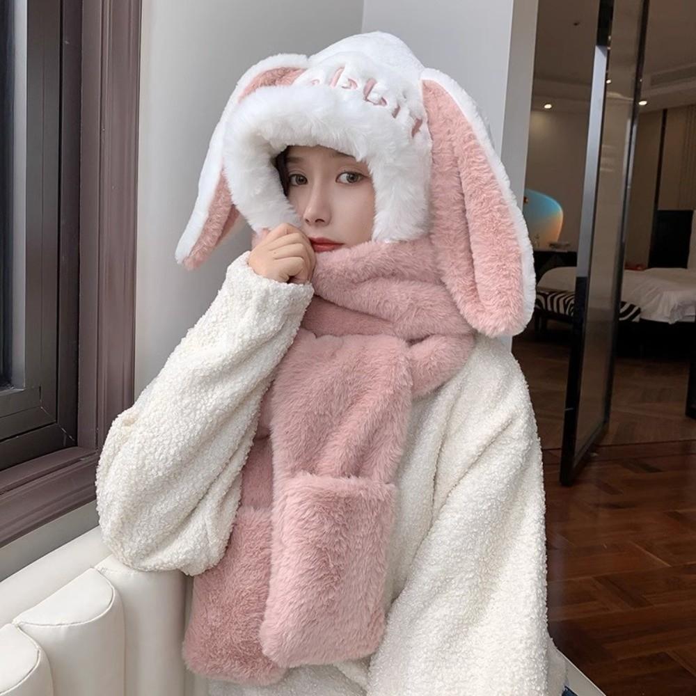 Thicken Plush Scarf Hat Gloves Set Keep Warm Plush Scarf Cute Hooded Scarf Women Girls