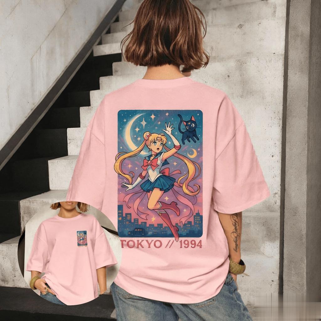 Sailor Moon Цукино Усаги и Луна "Токио 1994" Винтажная футболка, Унисекс Магическая Девочка Аниме Оверсайз Футболка, 100% Хлопок Повседневная Футболка с коротким рукавом