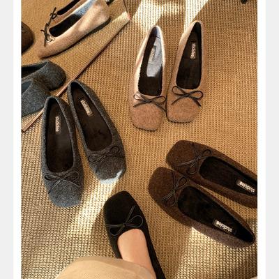 Виноградная мать того же стиля~ Универсальные осенне-зимние туфли-балетки из шерстяного плюша с бантом, теплые, с мелким вырезом, женские