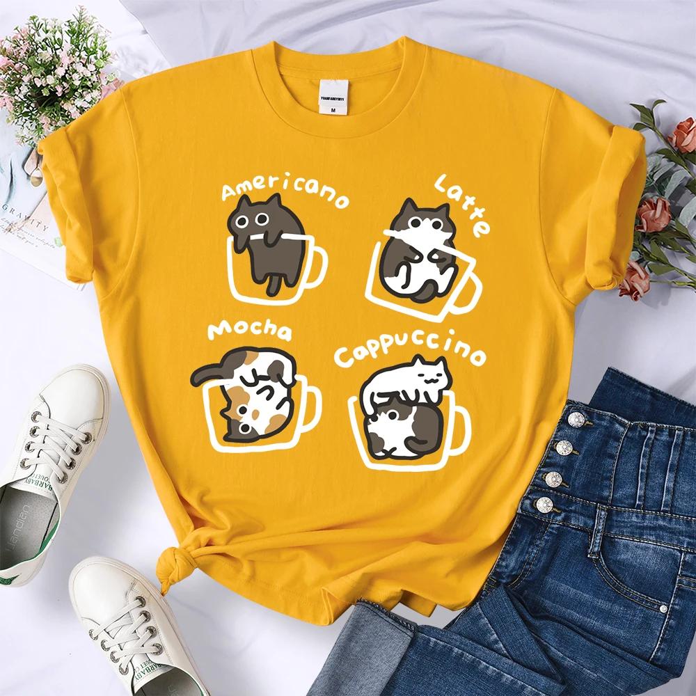 Summer Cat Coffee Art Letter 3D Printed T-Shirts Women Breathable O-Neck Tee Shirts Loose Short Sleeve Soft Street Casual Clothes Female