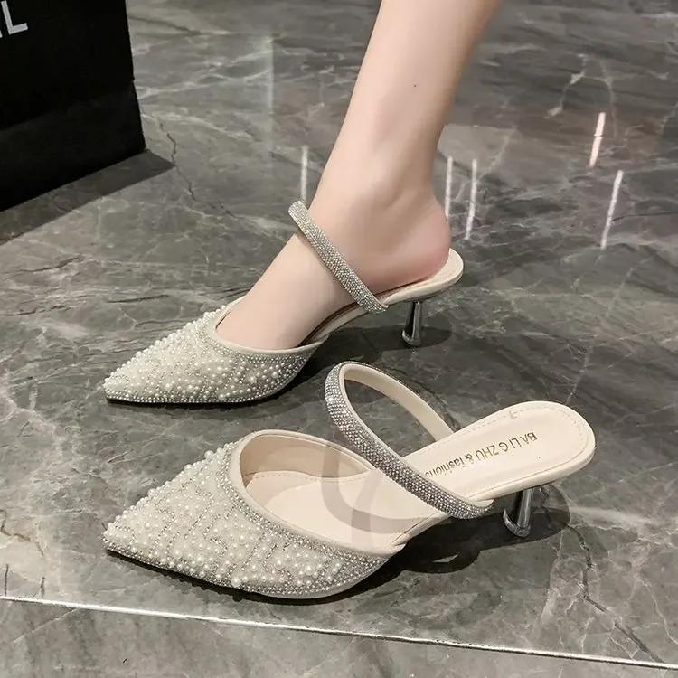Fashion 2024 Summer New Fashion Rhinestone Pointy Women's Mid-heel Slippers Thin Heels Pointy with Pearl Lightweight High-end