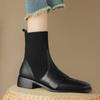 Cow Leather Winter Square Toe Med Heels Chelsea Boots Women Slip On Knitwear Elastic Ankle Boots