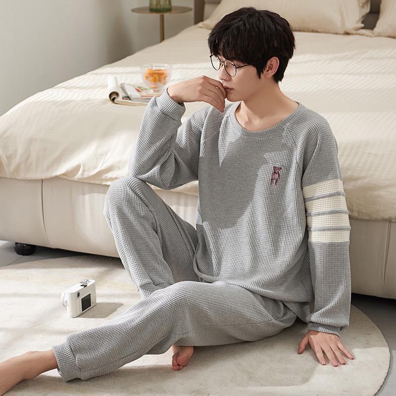 Мужская свободная вафельная пижама с рисунком из мультфильма - длинный рукав, чистый хлопок, большой размер