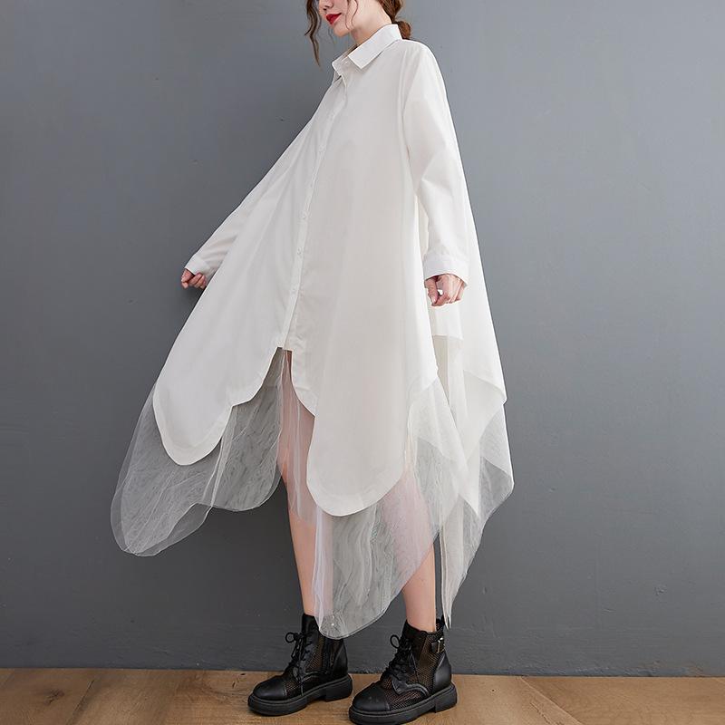 Осенняя корейская версия большого размера свободной поддельной двухсекционной юбки-рубашки с нерегулярной строчкой из двух слоев сетки