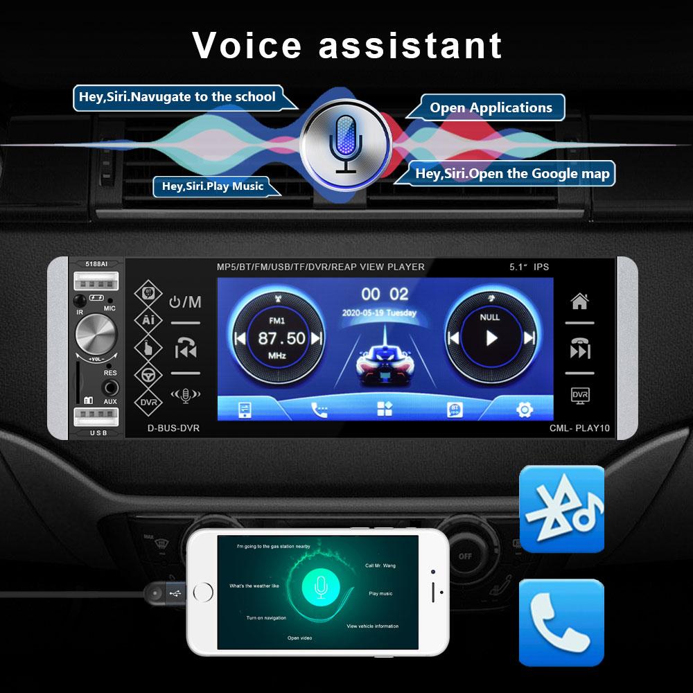 Podofo Универсальный 5,1-дюймовый автомобильный радиоприемник с одним Din, MP5-плеер, авторадио, голосовой помощник, сенсорный экран, Bluetooth, FM, AUX, USB, SD, автомобильный видеорегистратор, видеоплеер