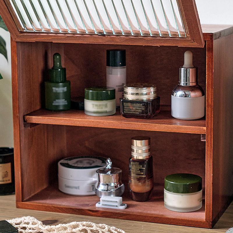 1 шт. двухслойный деревянный шкаф для хранения косметики и продуктов питания с прозрачной стеклянной откидной крышкой, ретро-стойка для стола в спальне и кухне.