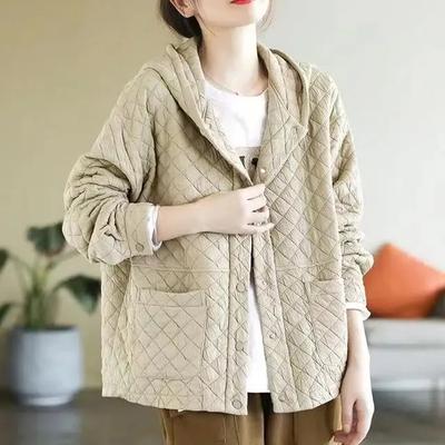 Женская куртка с длинным рукавом и хлопковой подкладкой, осенне-зимняя, литературная и художественная, в стиле ретро, однотонная, с капюшоном, стеганая, свободного кроя, универсальная, тонкая, теплая хлопковая куртка